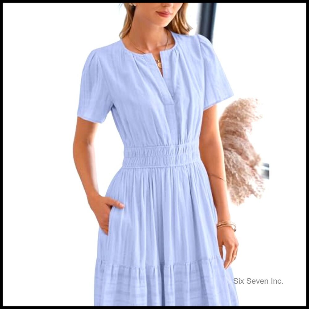 Lightweight Maxi Dress with Short Sleeves V Neck Elastic Waist Pockets - Picture 6 of 7